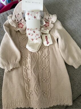 Max Studio Beige Knit Baby Dress with Pink Floral Collar